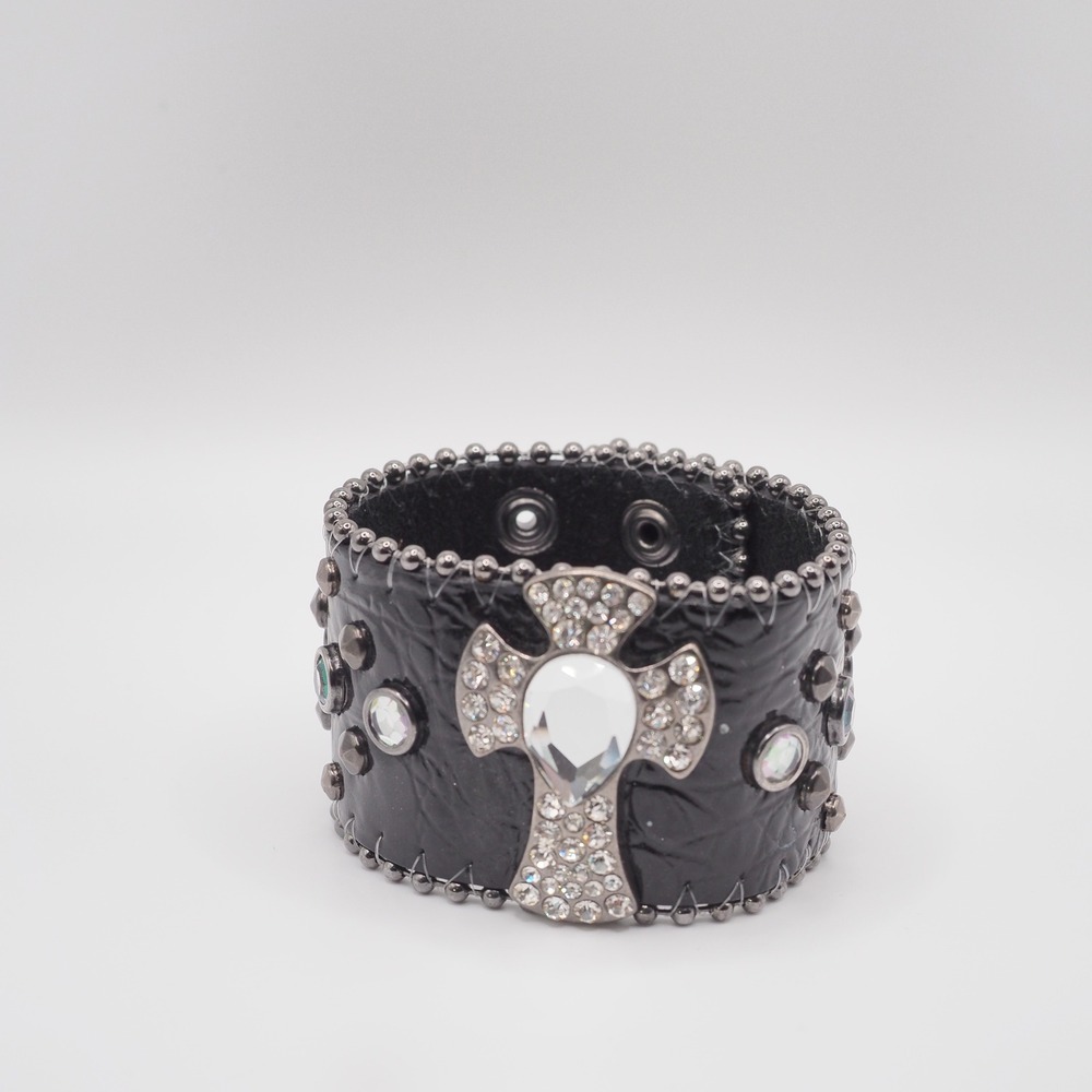 Genuine Leather Bracelet Textured Black Rhinestone Cross Cuff Studded Chunky
